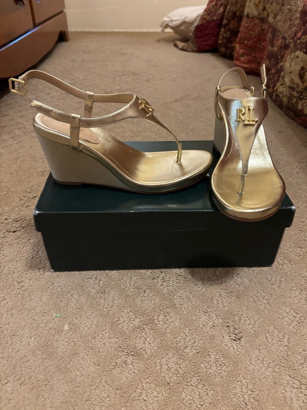 Ralph Lauren Metallic Gold Wedge Thong Sandals